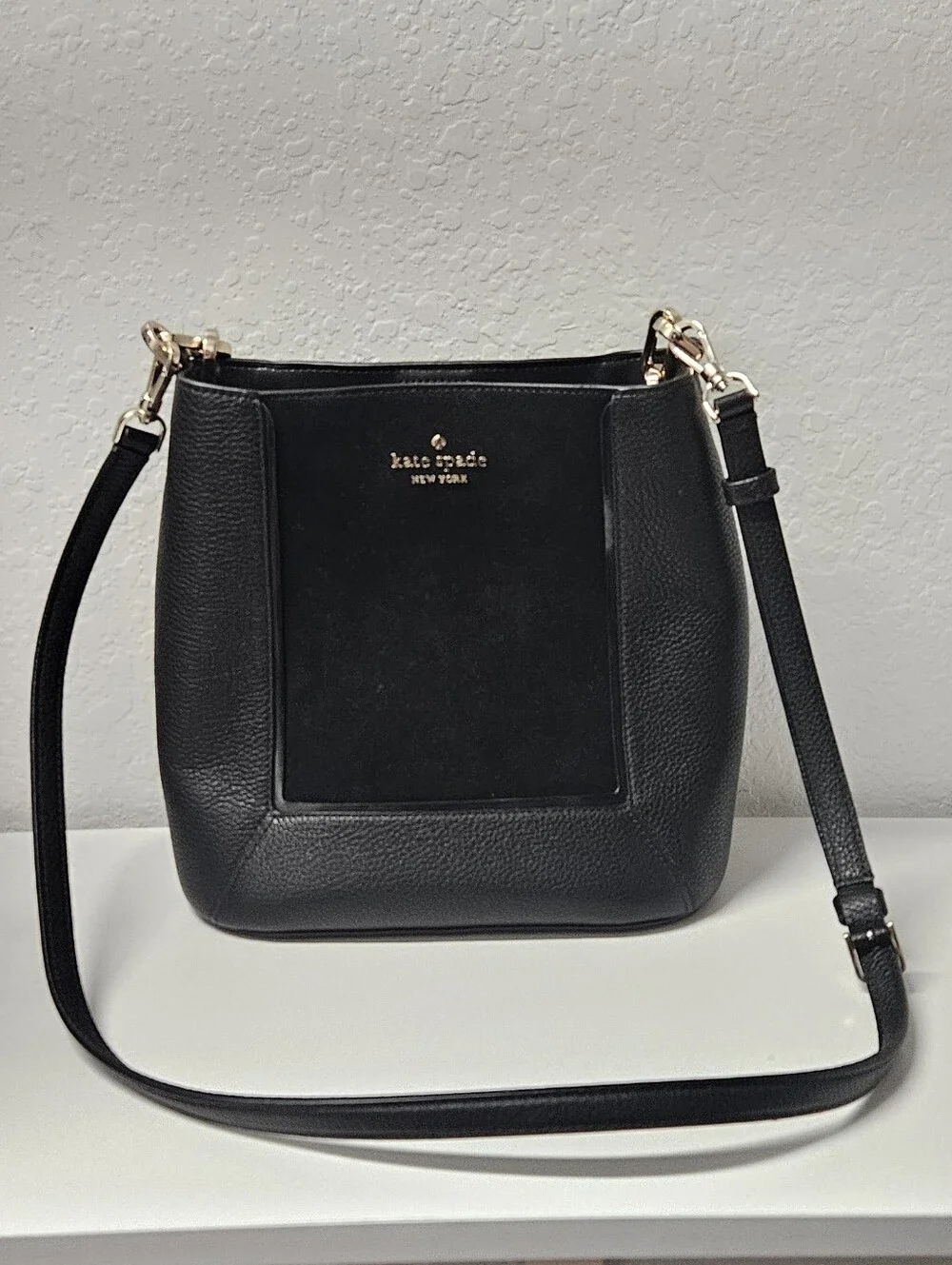 Kate Spade Black Pebbled Leather & Suede Crossbody Bag With Gold Hardware